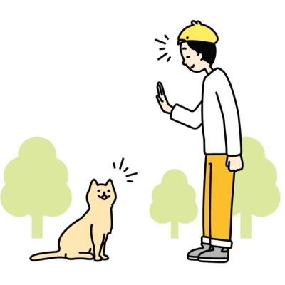 猫と挨拶を交わす男性のイラスト
