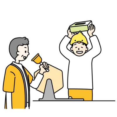商店街で福引きをする男性のイラスト